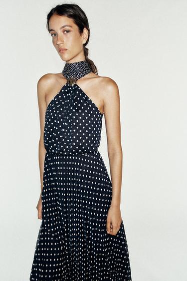 ROBE MI-LONGUE HALTER À POIS - Bleu marine / Blanc de Zara - Image 5