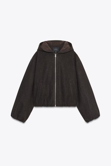HOODED JACKET WITH ELASTIC HEM - Brown by Zara - Image 5