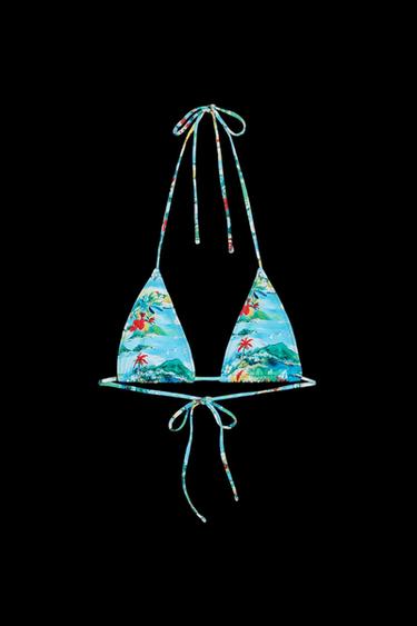 Zara TROPICAL PRINT BIKINI TOP - Blue
