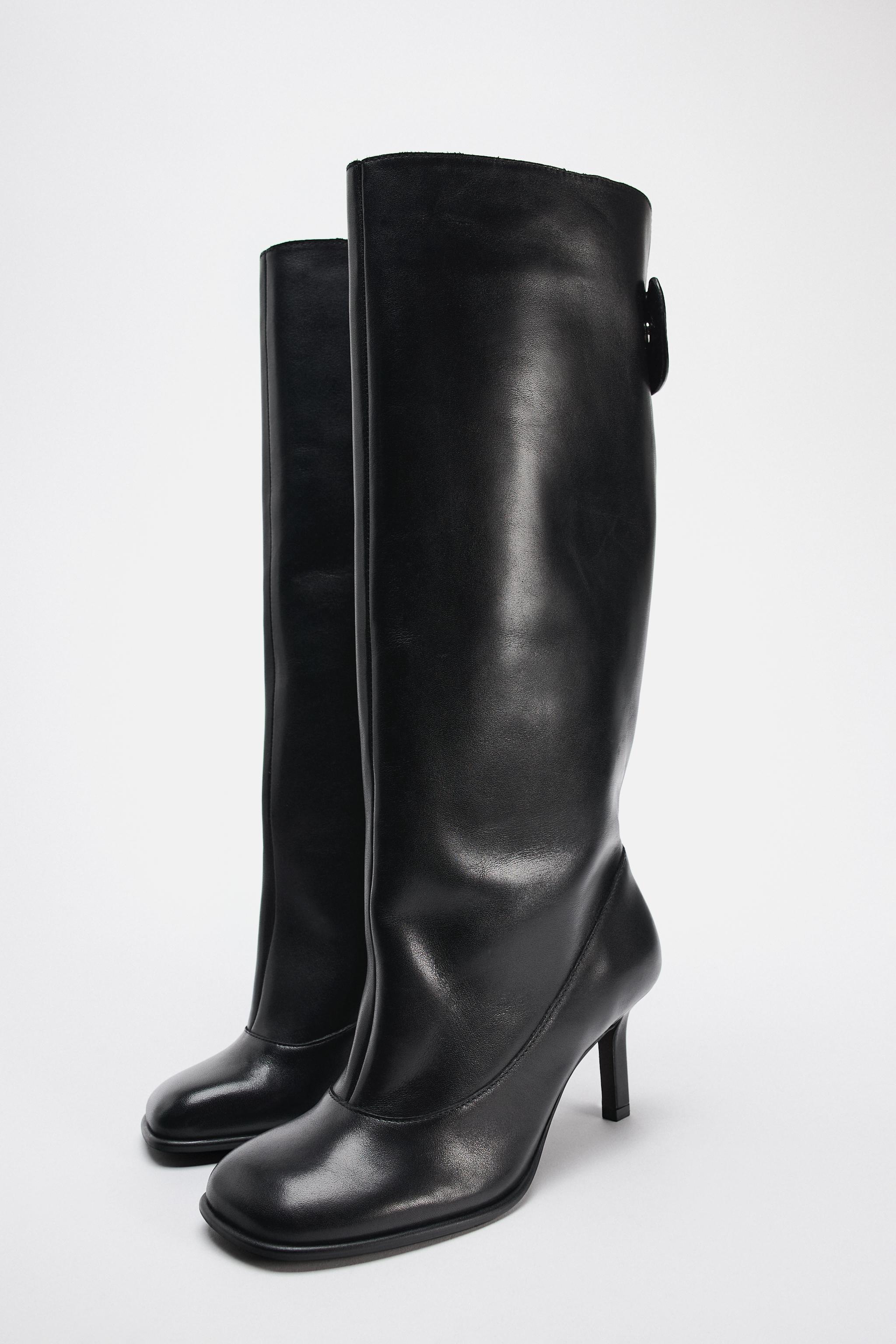 LEATHER WIDE LEG BOOTS - Black | ZARA United Kingdom