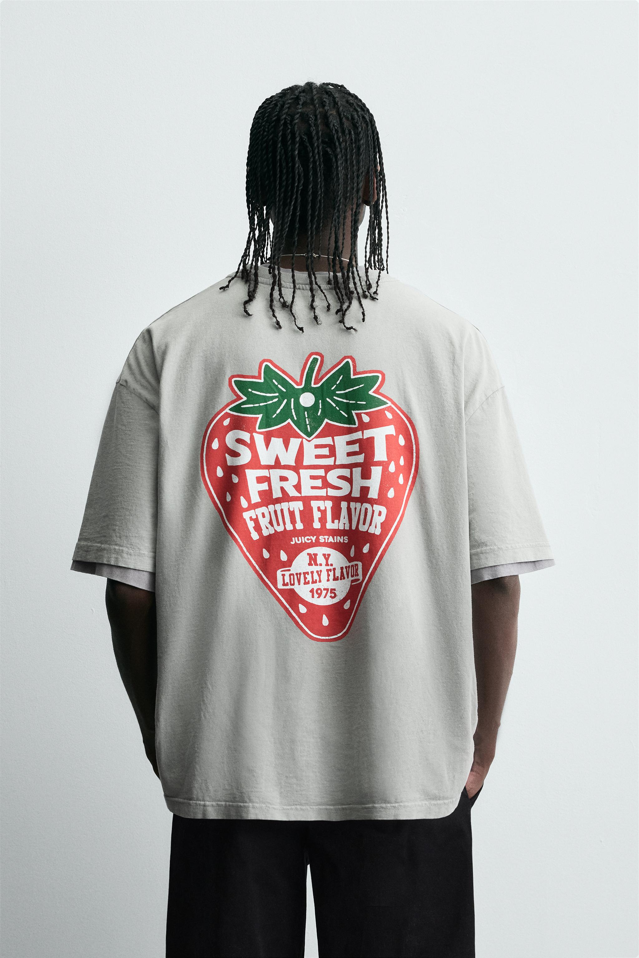 ウォッシュ加工コントラストプリントTシャツ - ダークグレー