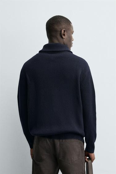 Zara PURL KNIT CARDIGAN WITH ZIPPER - Navy blue