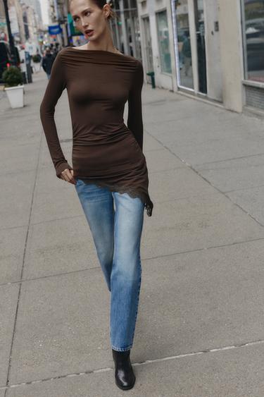 ASYMMETRIC HEM LACE T-SHIRT - Chocolate by Zara