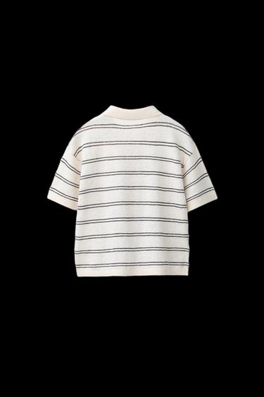 Zara KNIT COTTON LINEN POLO SHIRT - Ecru / Brown