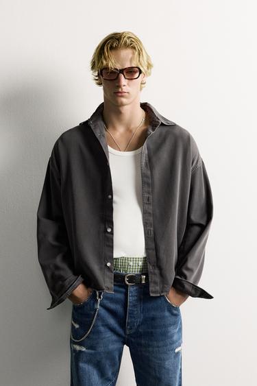 РУБАШКА BOXY FIT ИЗ ХЛОПКА И ЛИОЦЕЛЛА — СЕРЫЙ от Zara