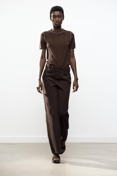 SHORT SLEEVE KNIT TOP WITH PIPING - Brown by Zara