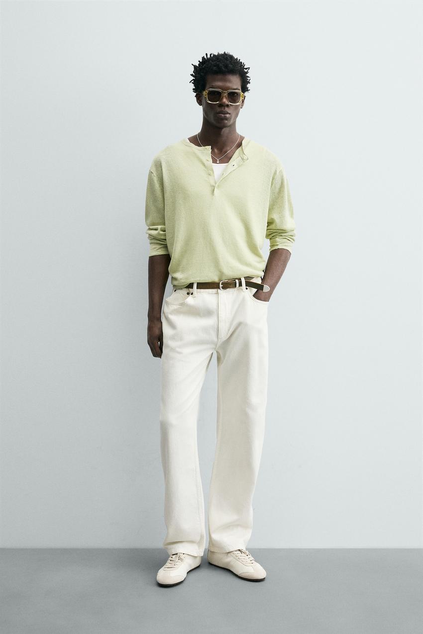 Zara - 100% Hemp Henley Jumper - Light Green - L - Man Zara - 100% Hemp Henley Jumper - Light Green - L - Man