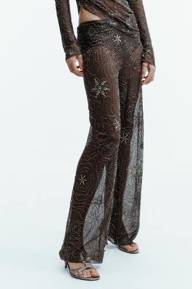 BEADED SEQUIN TROUSERS - Chocolate by Zara