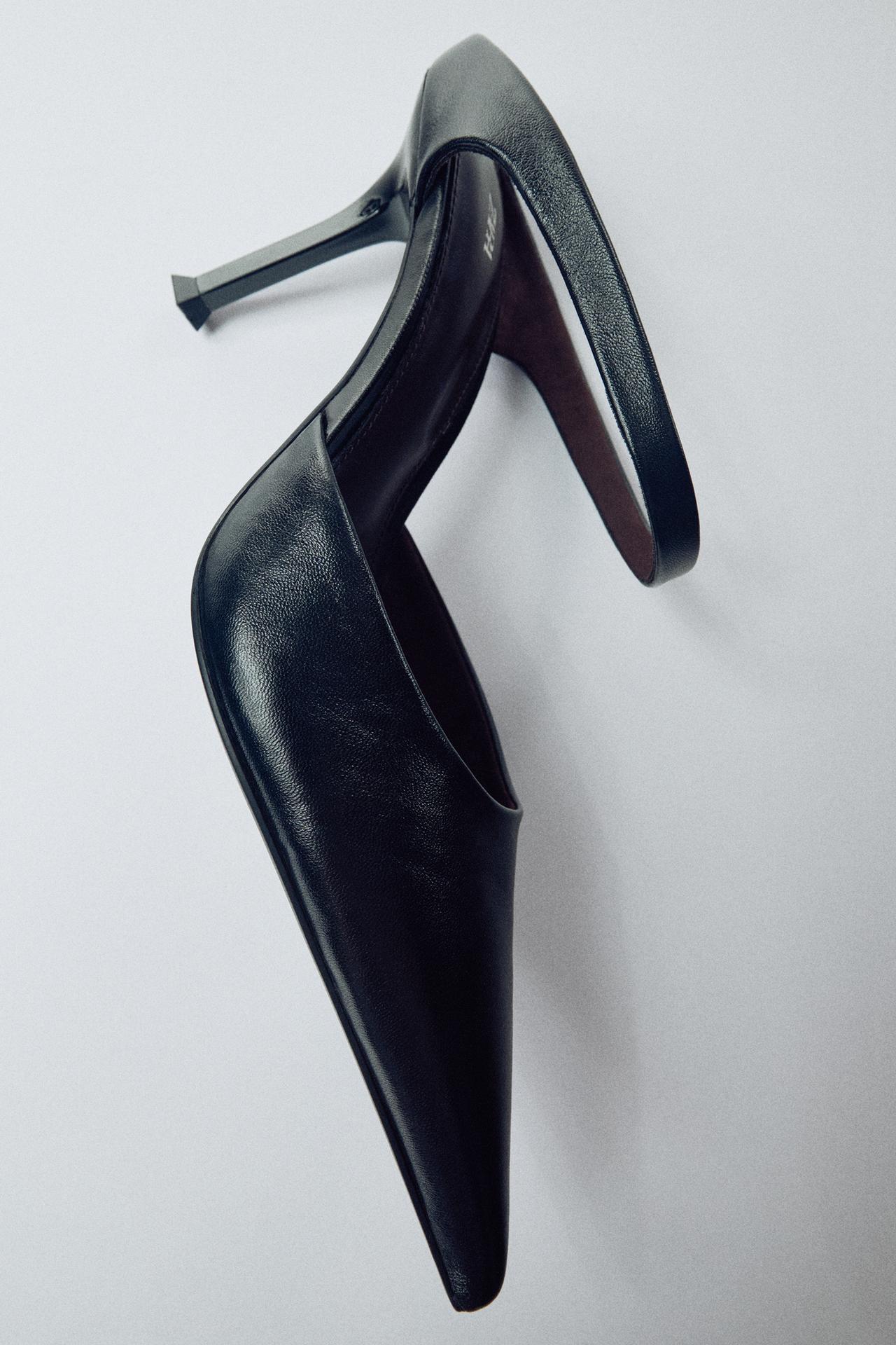 LEATHER HIGH HEEL MULES WITH STRAP — Black