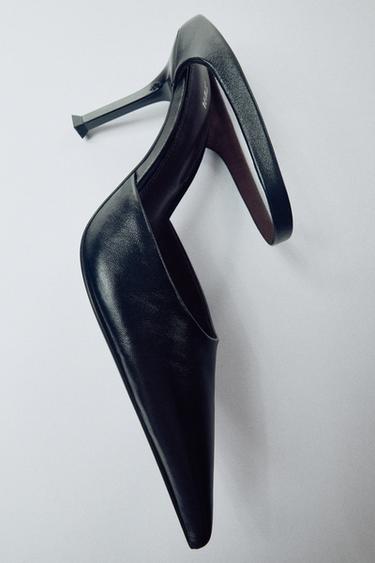 LEATHER HIGH HEEL MULES WITH STRAP — Black 1