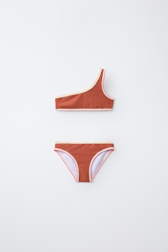 6–14 YEARS | SEERSUCKER BIKINI WITH CONTRAST PIPING - Brick by Zara - Image 0