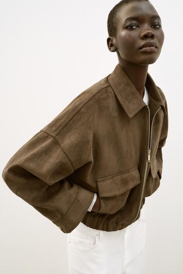 FAUX SUEDE JACKET - Dark khaki by Zara