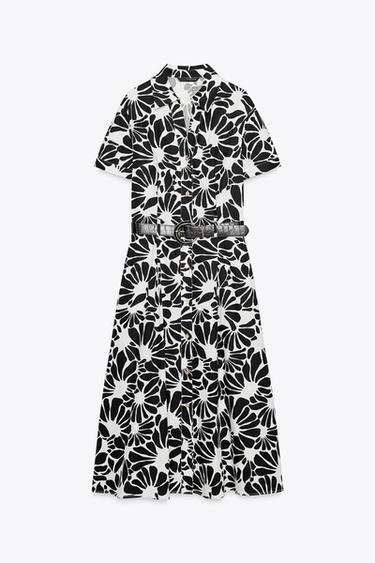 PRINTED POPLIN MIDI DRESS WITH BELT - Black / White by Zara - Image 6