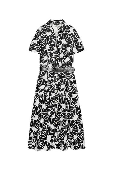 Zara PRINTED POPLIN MIDI DRESS WITH BELT - Black / White - Image 0