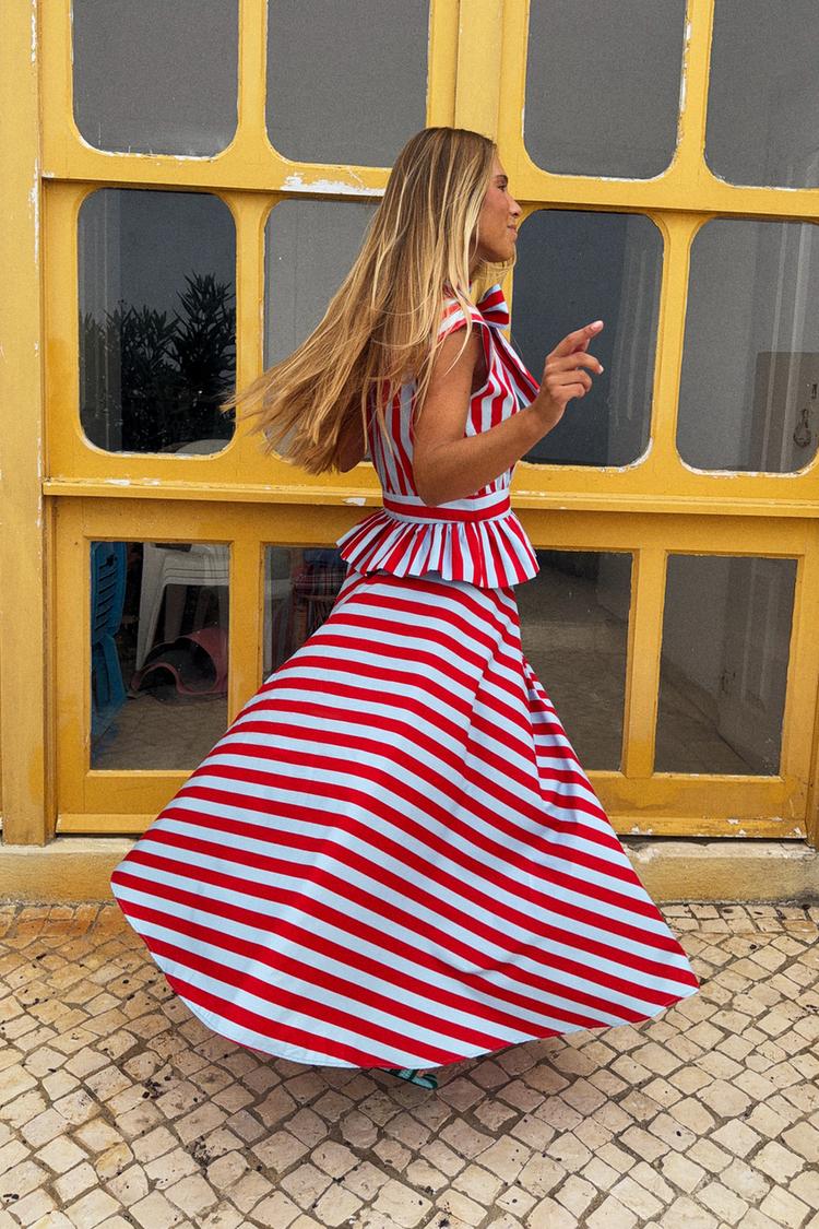 STRIPED CAPE MIDI SKIRT — Red Stripe