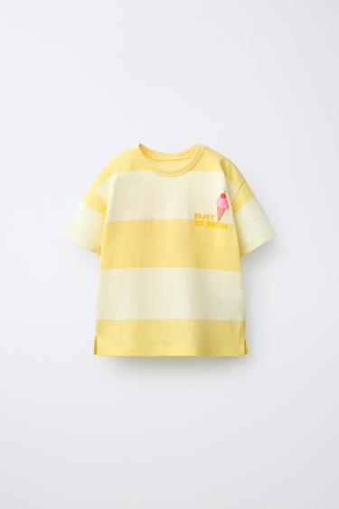 T-SHIRT À RAYURES ET IMPRIMÉ FRUITS EN RELIEF - Jaune clair de Zara