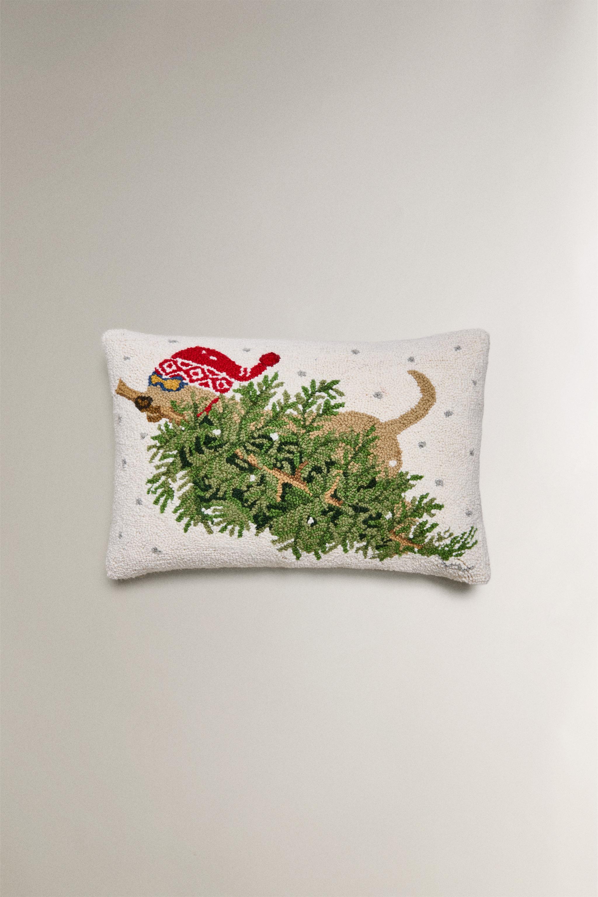 CHRISTMAS TREE DOG WOOL THROW PILLOW COVER