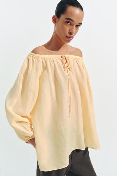 ZW COLLECTION LINEN BLEND BLOUSE - Pastel yellow by Zara