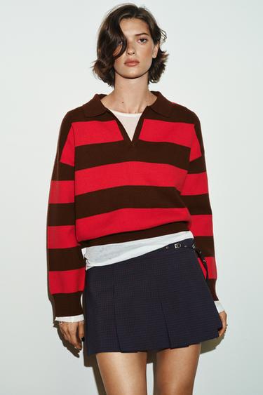 Zara 格紋打褶短褲裙 - 紅色/海藍色