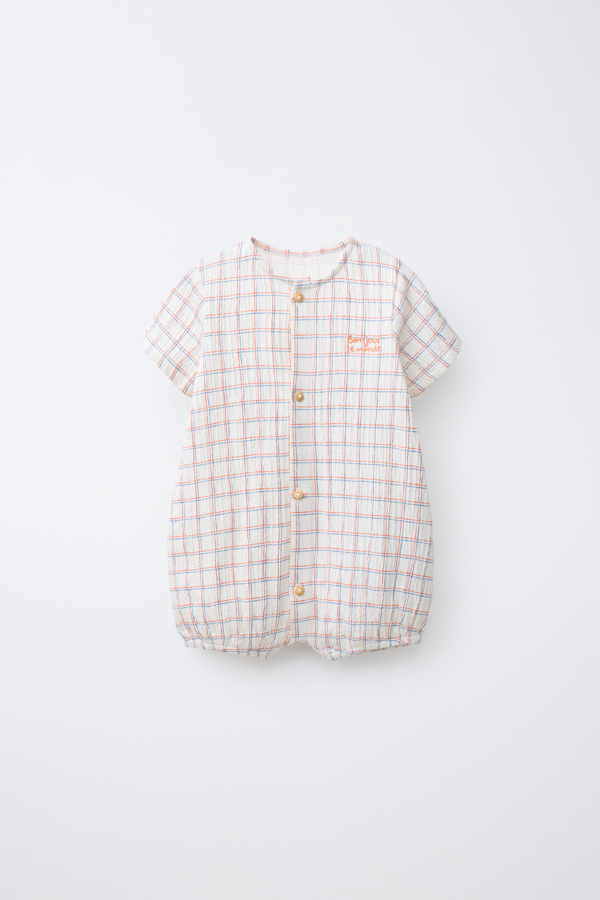 PLAID EMBROIDERED TEXT ROMPER