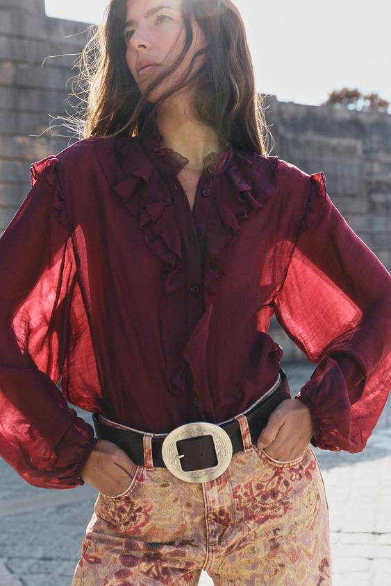 BLOUSE SEMI-TRANSPARENTE À VOLANTS - Bordeaux | ZARA France