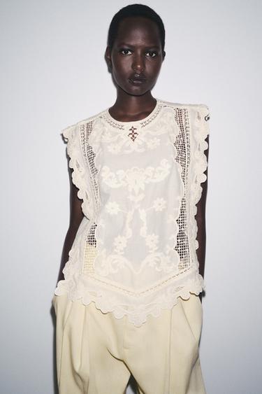Zara ZW COLLECTION RUFFLED CHEST SHIRT - White