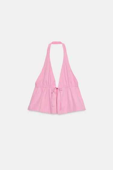 TOP HALTER POPELINE RAYURES - Rose / Blanc de Zara - Image 9