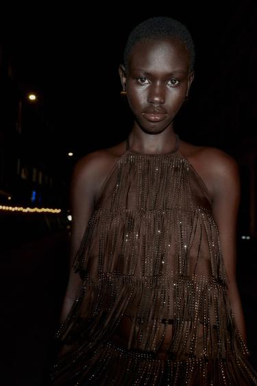 Zara SHIMMER FAUX SUEDE FRINGE TOP - Brown