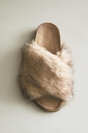 Zara FAUX FUR CRISS-CROSS SANDALS - 米色