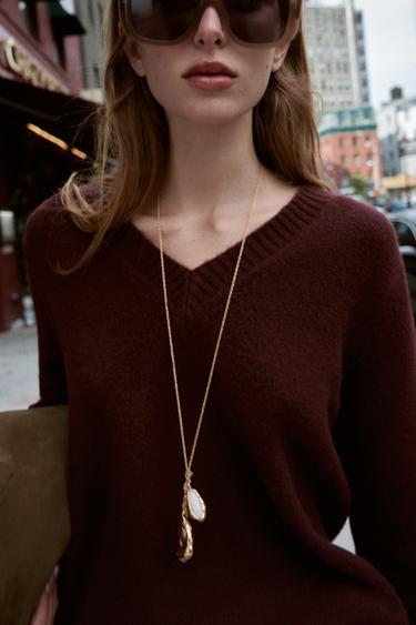 Zara V-NECK KNIT SWEATER - Burgundy