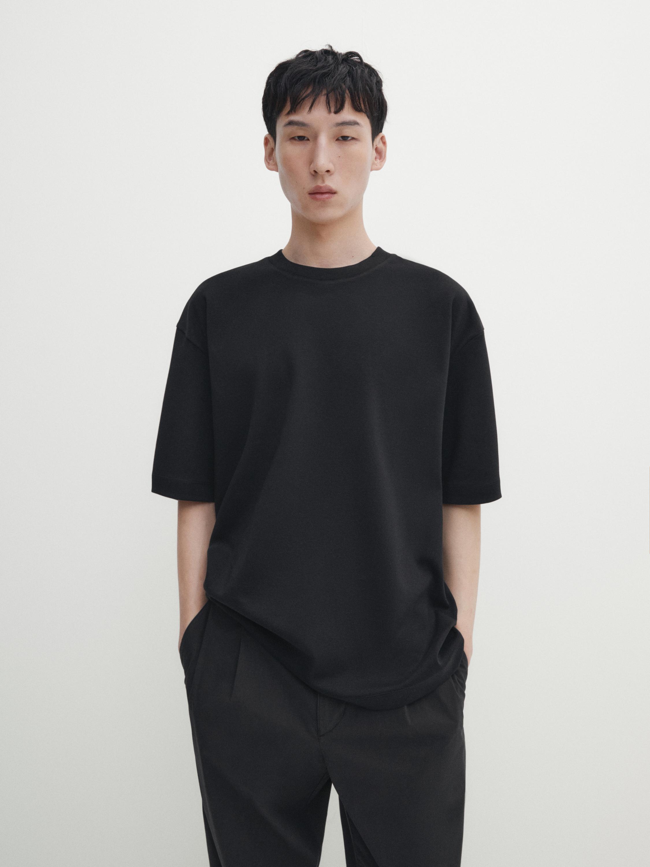 Drop-shoulder cotton T-shirt with a crew neck - Black | ZARA 