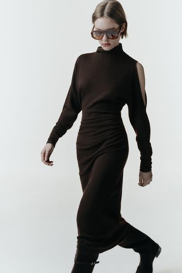 Zara KNIT CUT OUT MIDI DRESS - Brown
