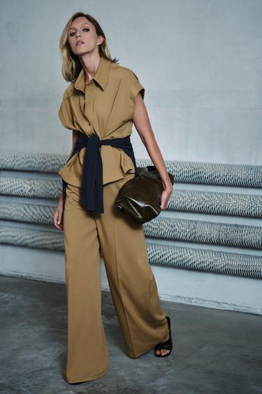 Zara ZW COLLECTION WIDE LEG PANTS - taupe brown