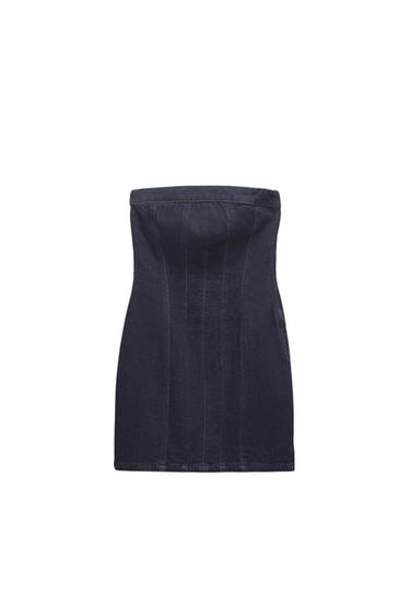 Dark blue denim strapless mini dress, with visible vertical stitching, on a white background.