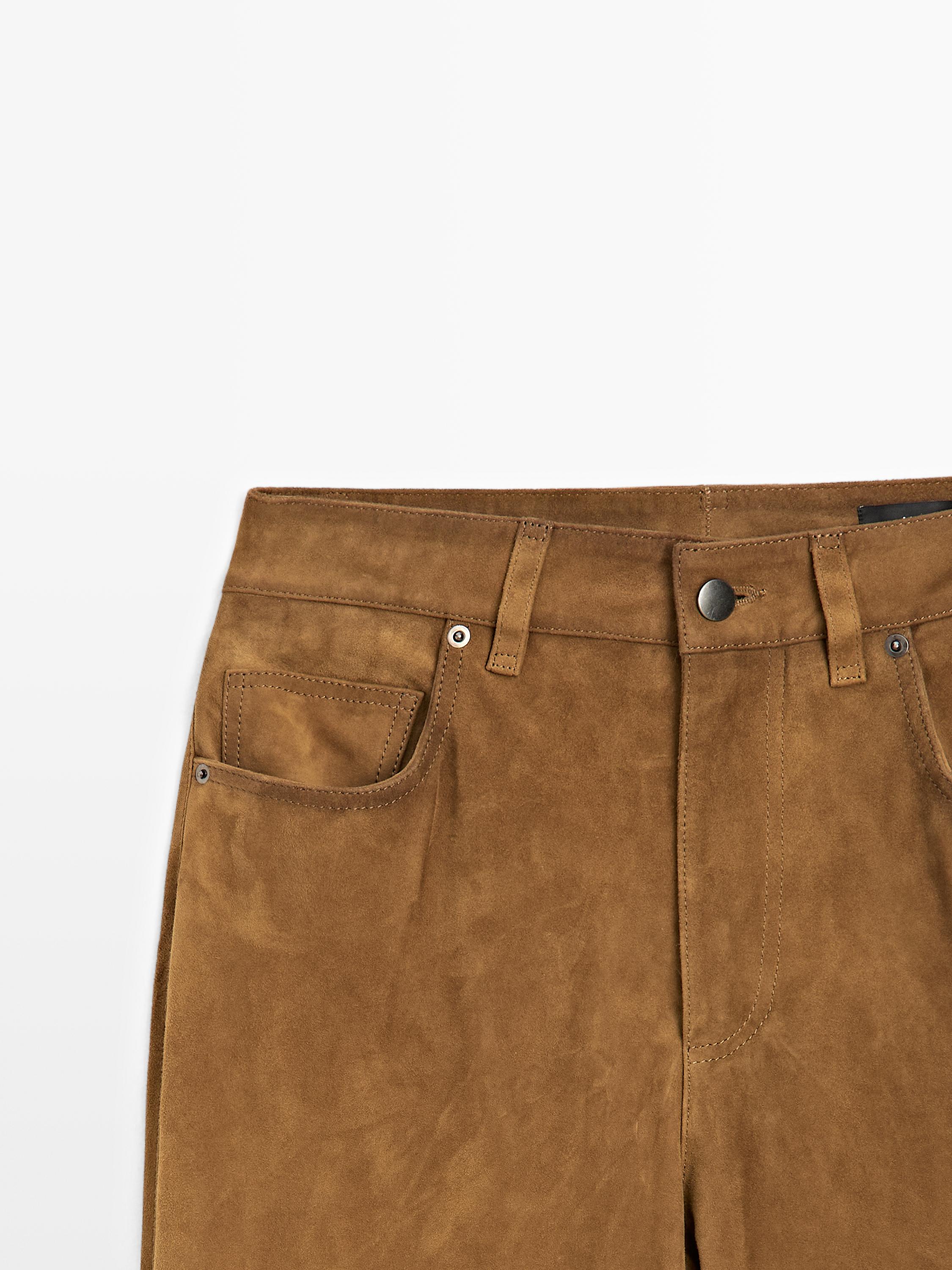 Suede leather straight trousers