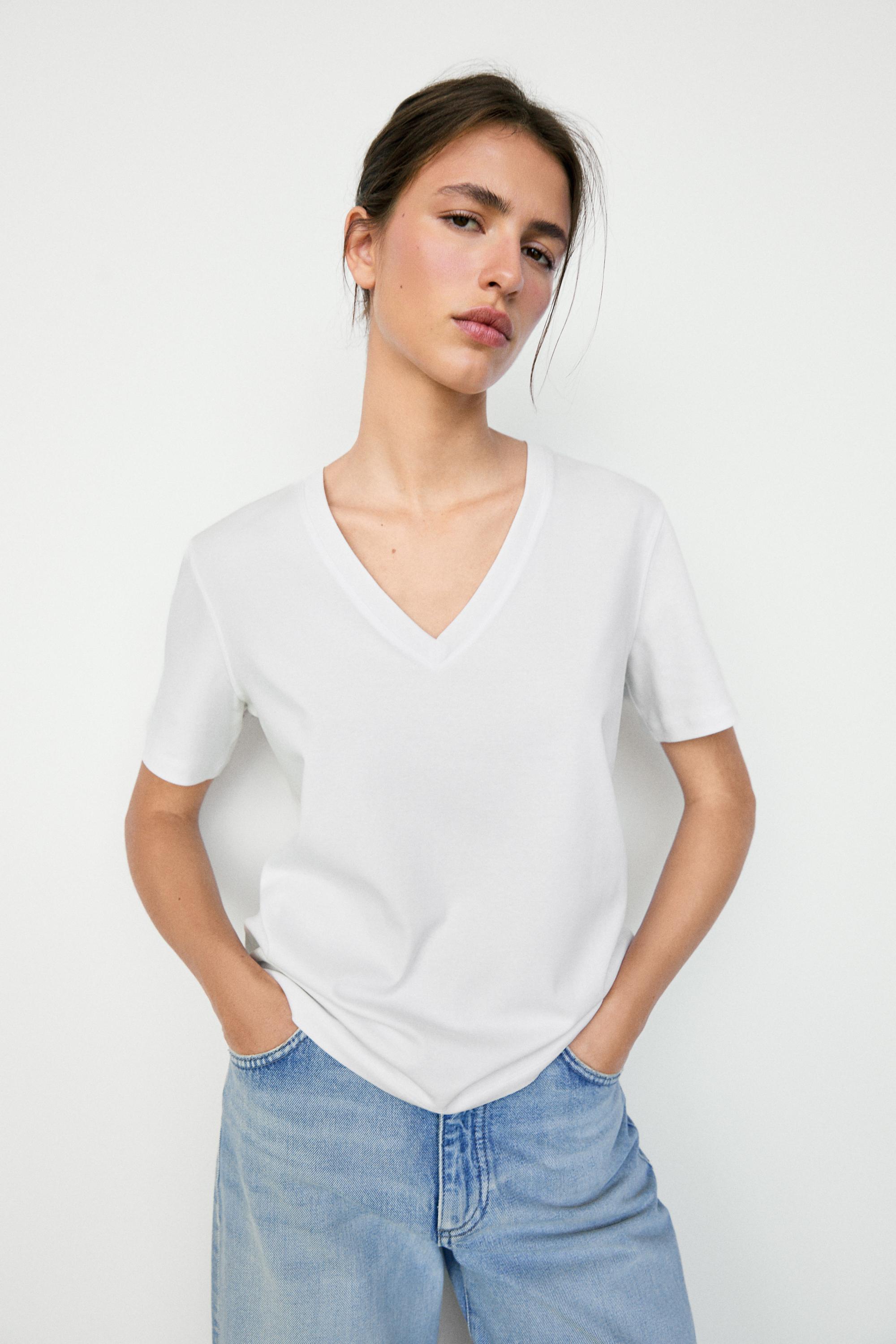 100% cotton interlock V-neck T-shirt — White