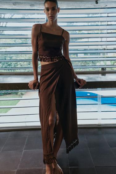 FRINGED PAREO MIDI SKIRT - Brown by Zara