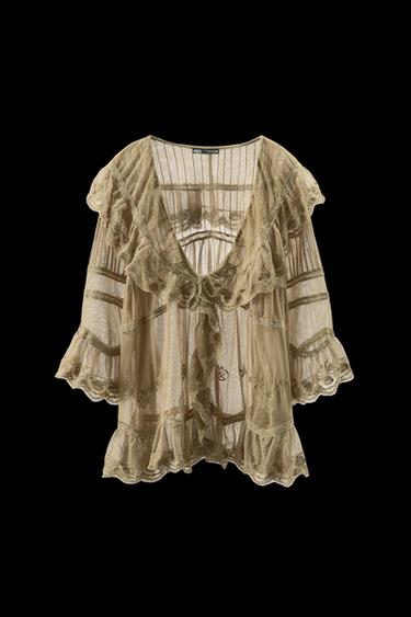 Zara EMBROIDERED TULLE RUFFLE TOP - Stone - Image 0