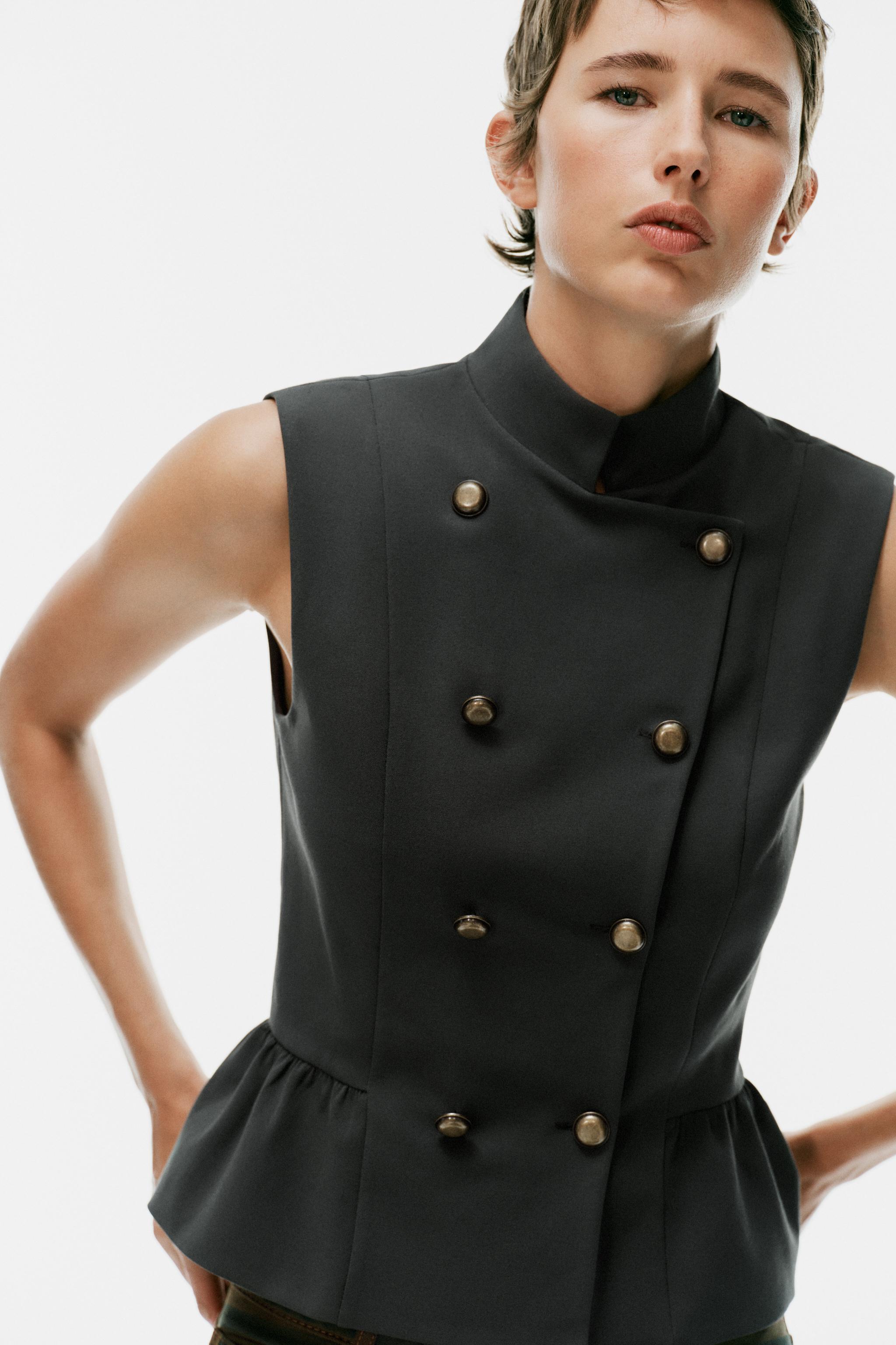 PEPLUM BUTTON VEST TOP — Petrol blue
