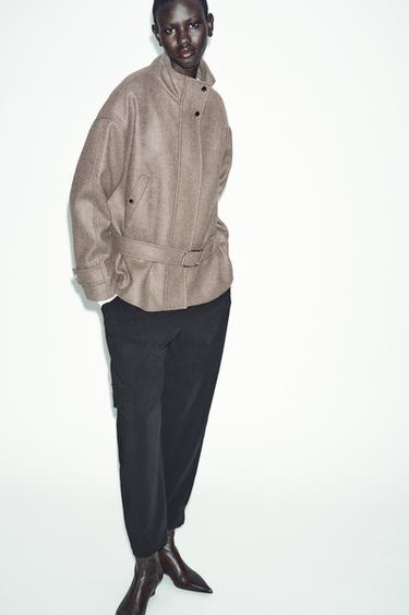 CROPPED WOOL COAT WITH BELT - Dark mink by Zara