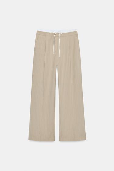 Zara WIDE-LEG DOUBLE WAISTBAND PANTS - Sand