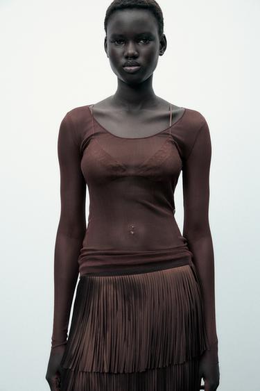 T-SHIRT EN SOIE 100 % - Marron de Zara - Image 1