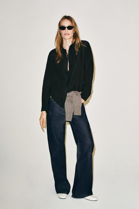 Женская рубашка Zara ZW Collection Solid Bib-Front, цвет: Чёрный