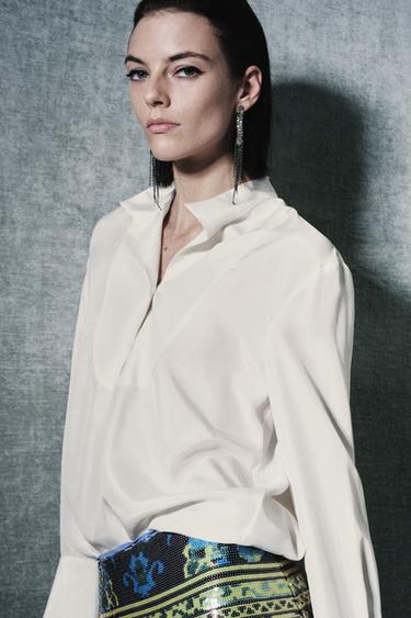 Zara 100% SILK BIB SHIRT ZW COLLECTION LIMITED EDITION - Ecru