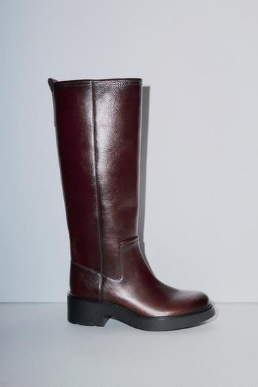 Zara DISTRESSED EFFECT LEATHER BOOTS - Burgundy Red
