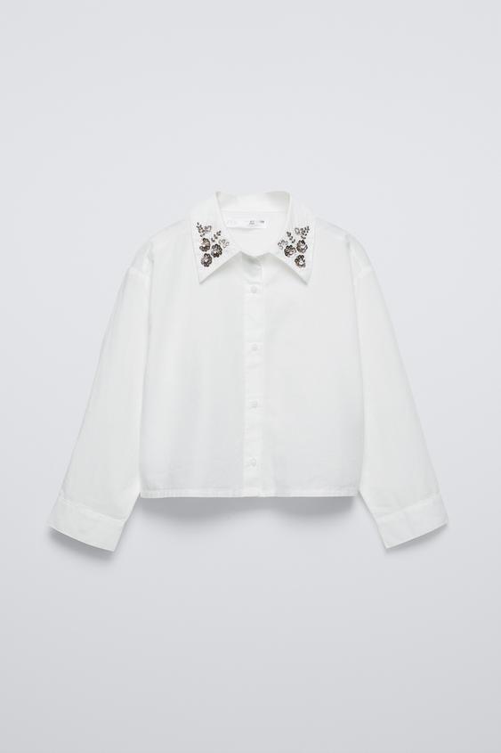 SHIRT WITH RHINESTONE COLLAR White ZARA Saudi Arabia
