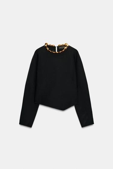 KNIT JUMPER WITH BEADED NECKLINE - Black by Zara
