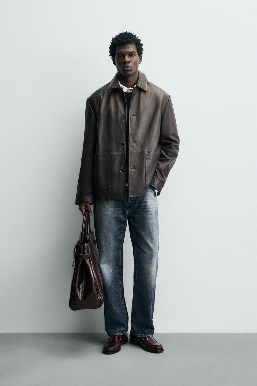 ポケット付きレザーフライトジャケット - ダークブラウン | ZARA Japan 