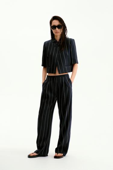 Zara ZARA WOMAN COLLECTION 條紋亞麻長褲 - 海藍色