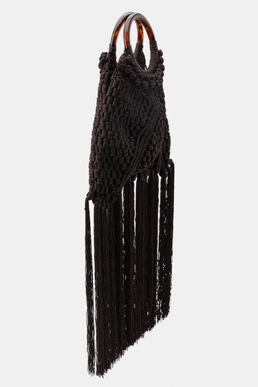 KNOTTED FRINGED WOVEN BAG - Brown by Zara